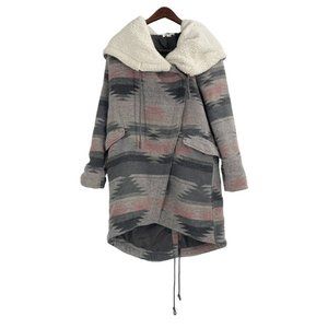 Tokyo Darling Gray Woven Boho Coat Faux Shearling Collar Womens Size XS Pockets